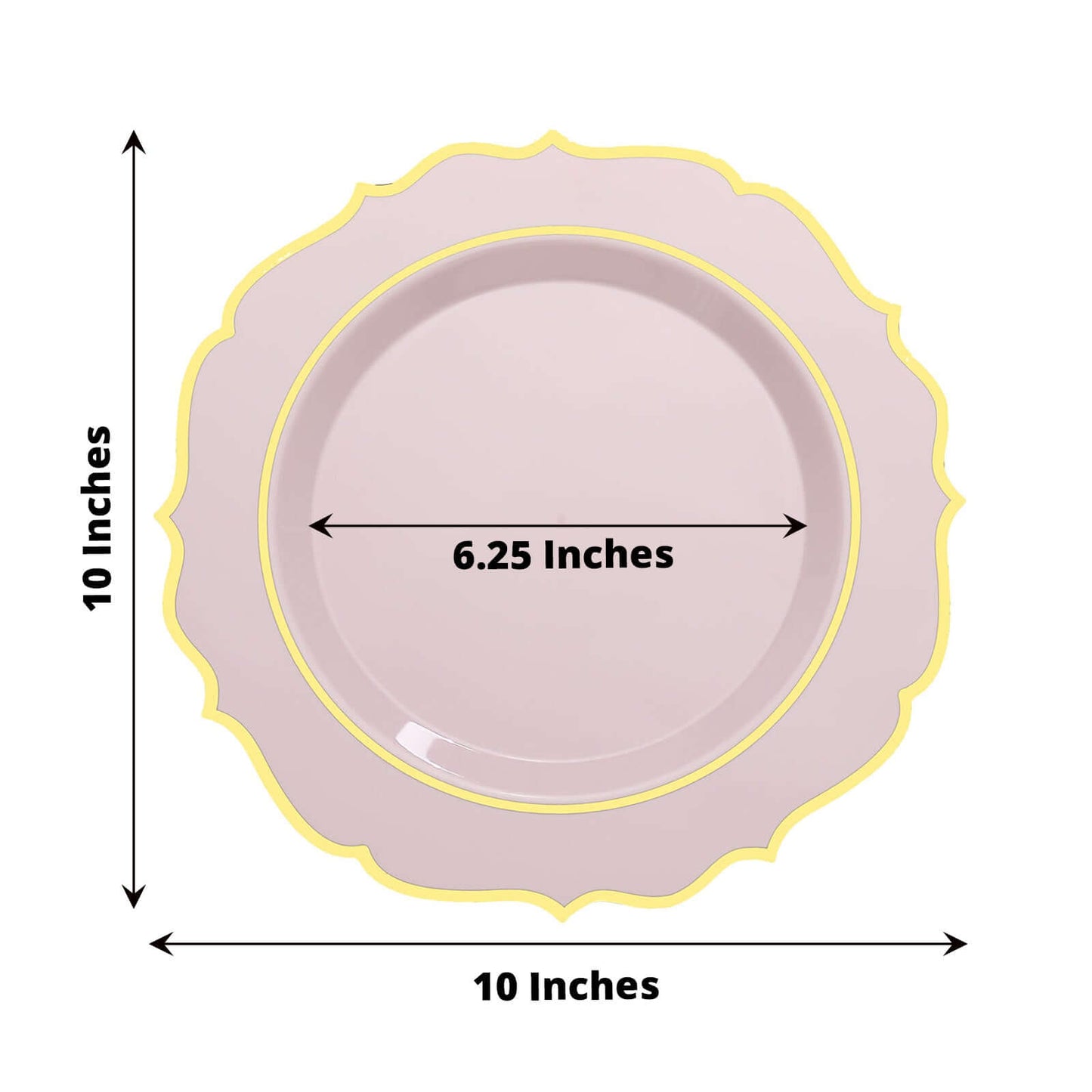 10-Pack Plastic 10" Round Dinner Plates in Blush with Gold Scalloped Rim - Disposable Party Plates