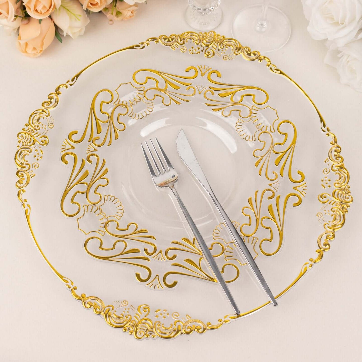 10-Pack Plastic 10" Round Dinner Plates in Clear with Gold Vintage Baroque Scalloped Rim - European Style Disposable Party Plates