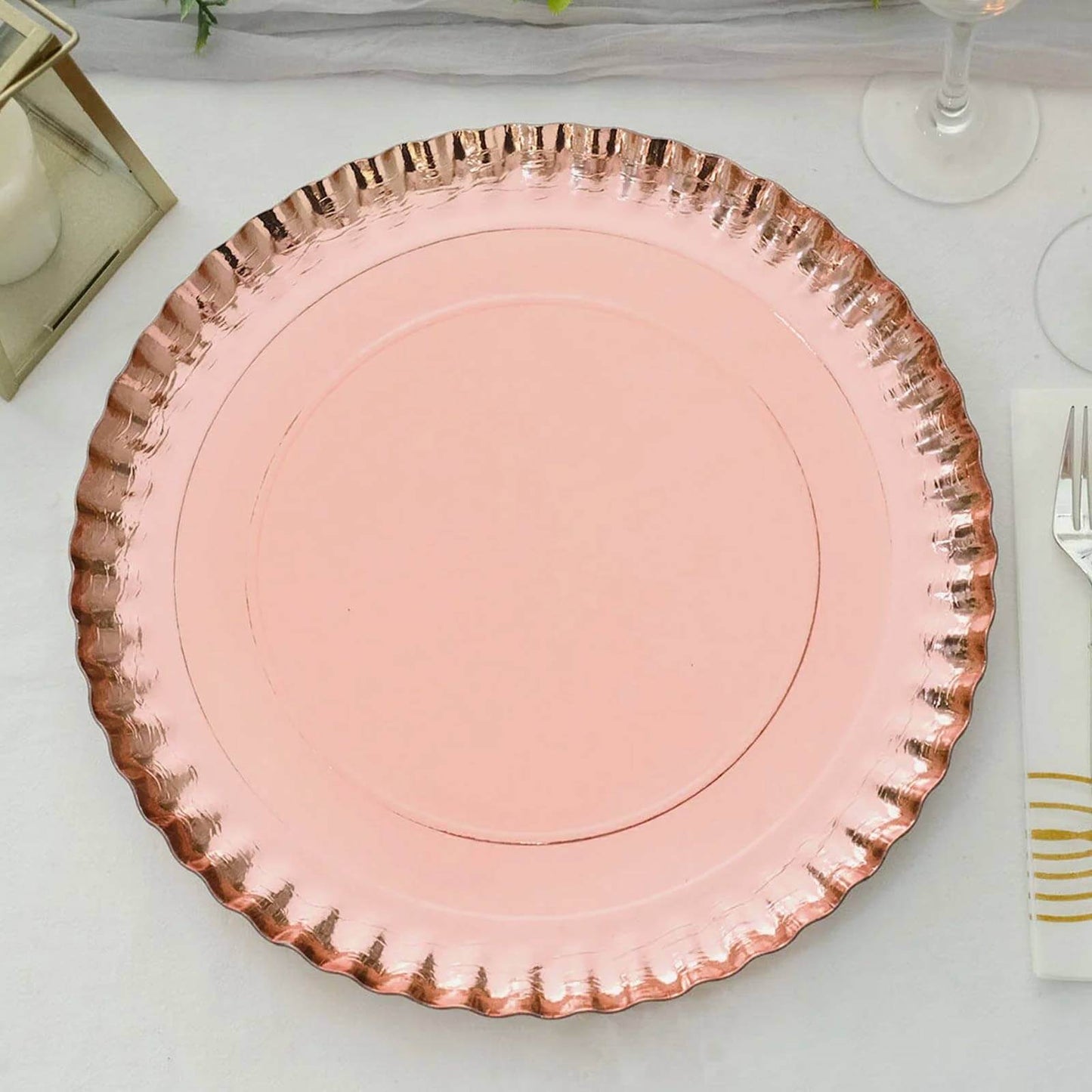 10-Pack Paper 13" Round Charger Plates in Rose Gold with Scalloped Rims - Heavy Duty Disposable 1100GSM Serving Trays