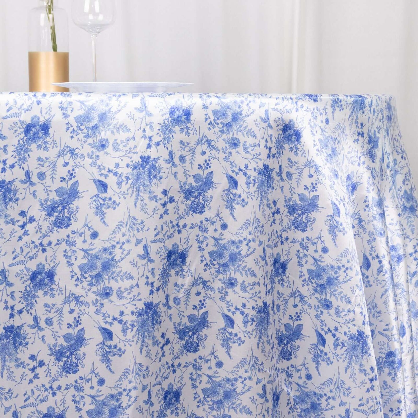 Satin Round 120" Tablecloth White/Blue French Toile Design - Seamless Stylish & Wrinkle-Resistant Table Cover