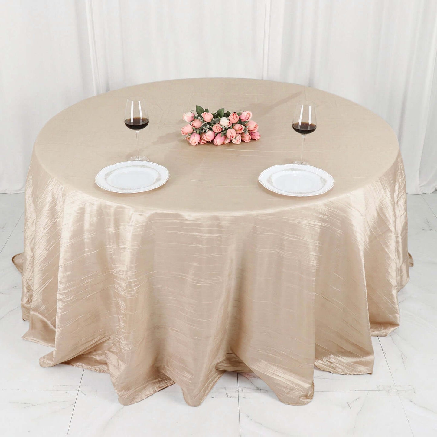 Taffeta 132" Round Tablecloth Beige - Seamless Accordion Crinkle Table Cover