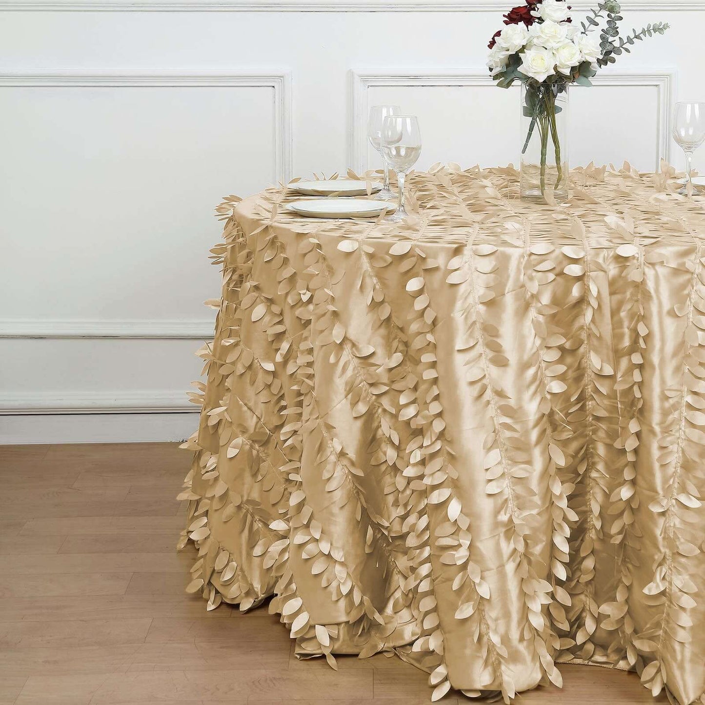 Taffeta 120" Round Tablecloth Champagne | 3D Leaf Petal Design Seamless Table Cover