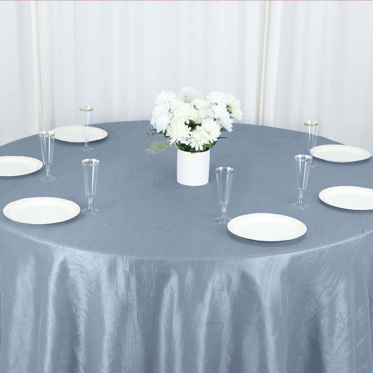 Taffeta 132" Round Tablecloth Dusty Blue - Seamless Accordion Crinkle Table Cover