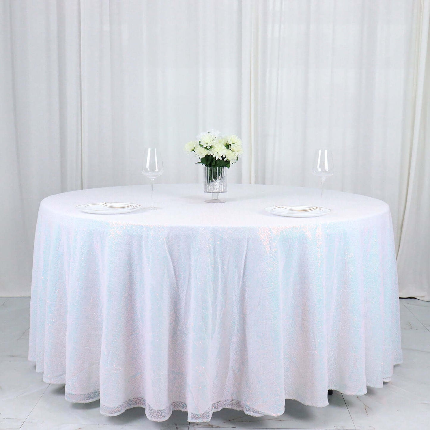 Sequin 120" Round Tablecloth Iridescent Blue - Seamless Glittering Table Cover