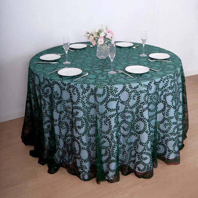 Tulle 120" Round Tablecloth Hunter Emerald Green - Seamless Sequin Leaf Embroidered Table Cover