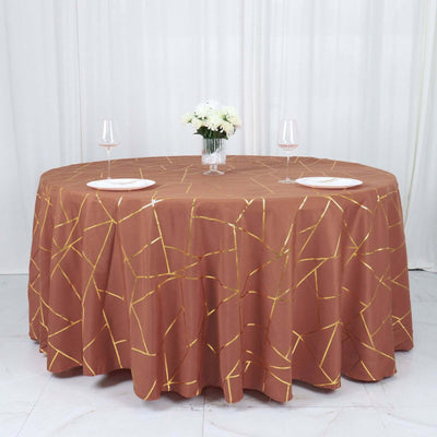 Polyester 120" Round Tablecloth Terracotta (Rust) with Gold Foil Geometric Pattern Wrinkle-Resistant Seamless Table Cover