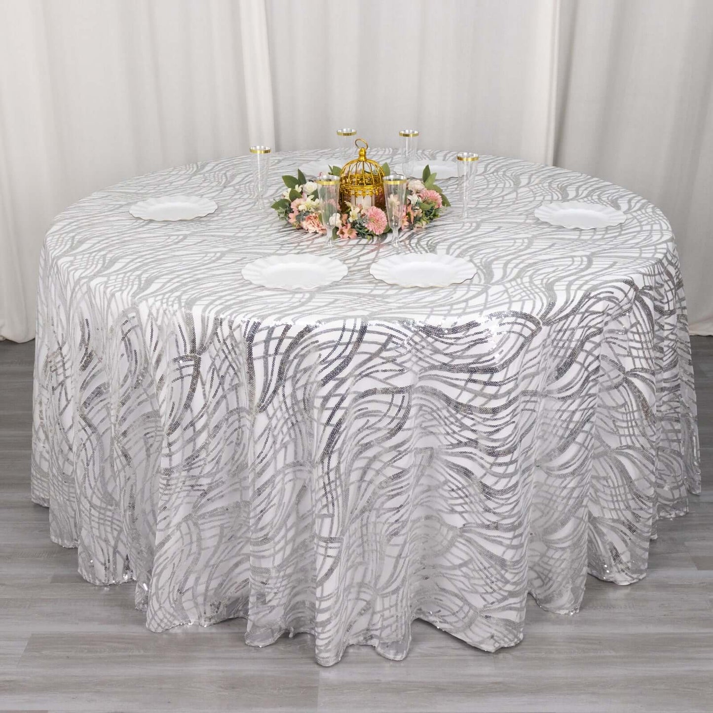 Sequin Mesh 120" Round Tablecloth Silver - Seamless Wave Embroidered Table Cover