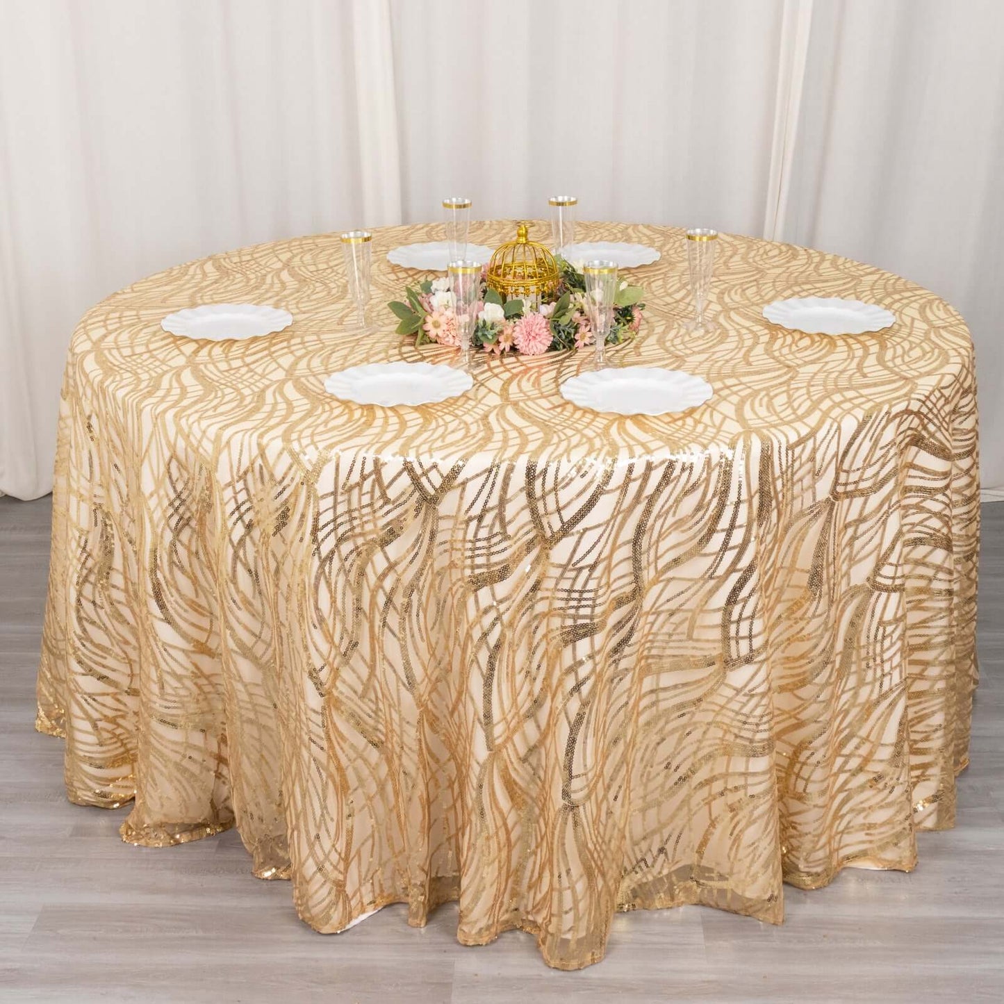 Sequin Mesh 120" Round Tablecloth Champagne - Seamless Wave Embroidered Table Cover