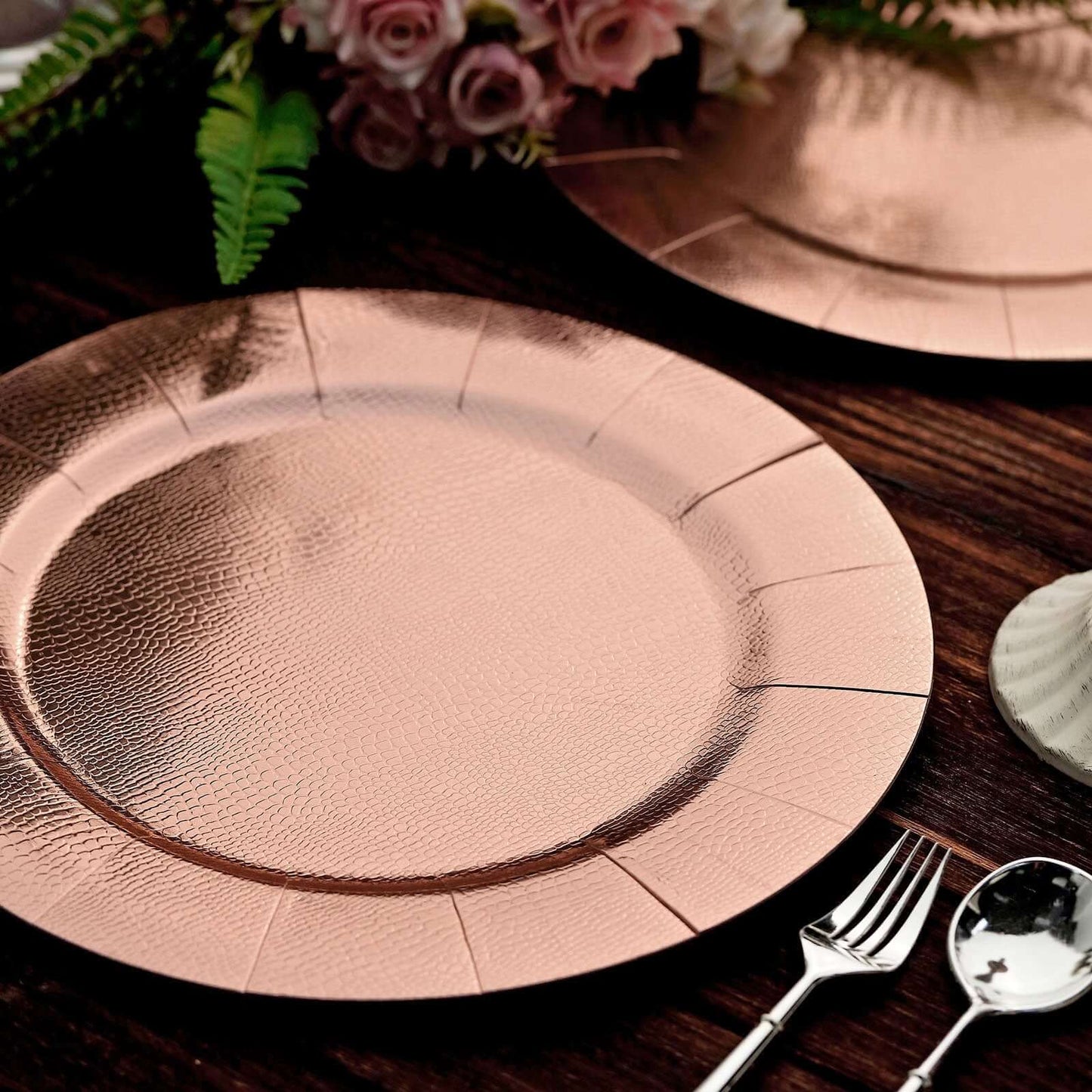 10-Pack Disposable Round Charger Plates in Rose Gold with Leathery Texture - Durable 1100GSM Cardboard Placemats 13"