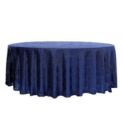 Sequin 108" Round Tablecloth Navy Blue - Glittering Finish Table Cover - Linen Luxes