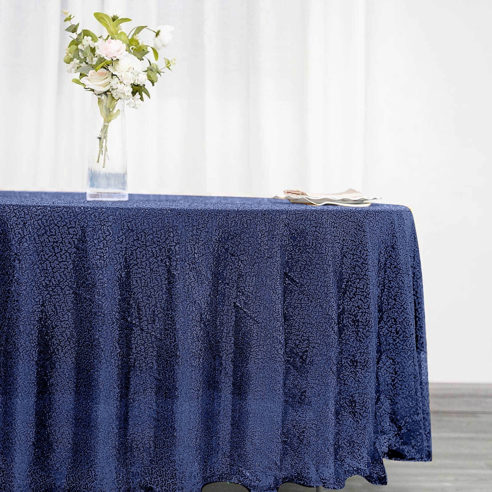 Sequin 108" Round Tablecloth Navy Blue - Glittering Finish Table Cover - Linen Luxes