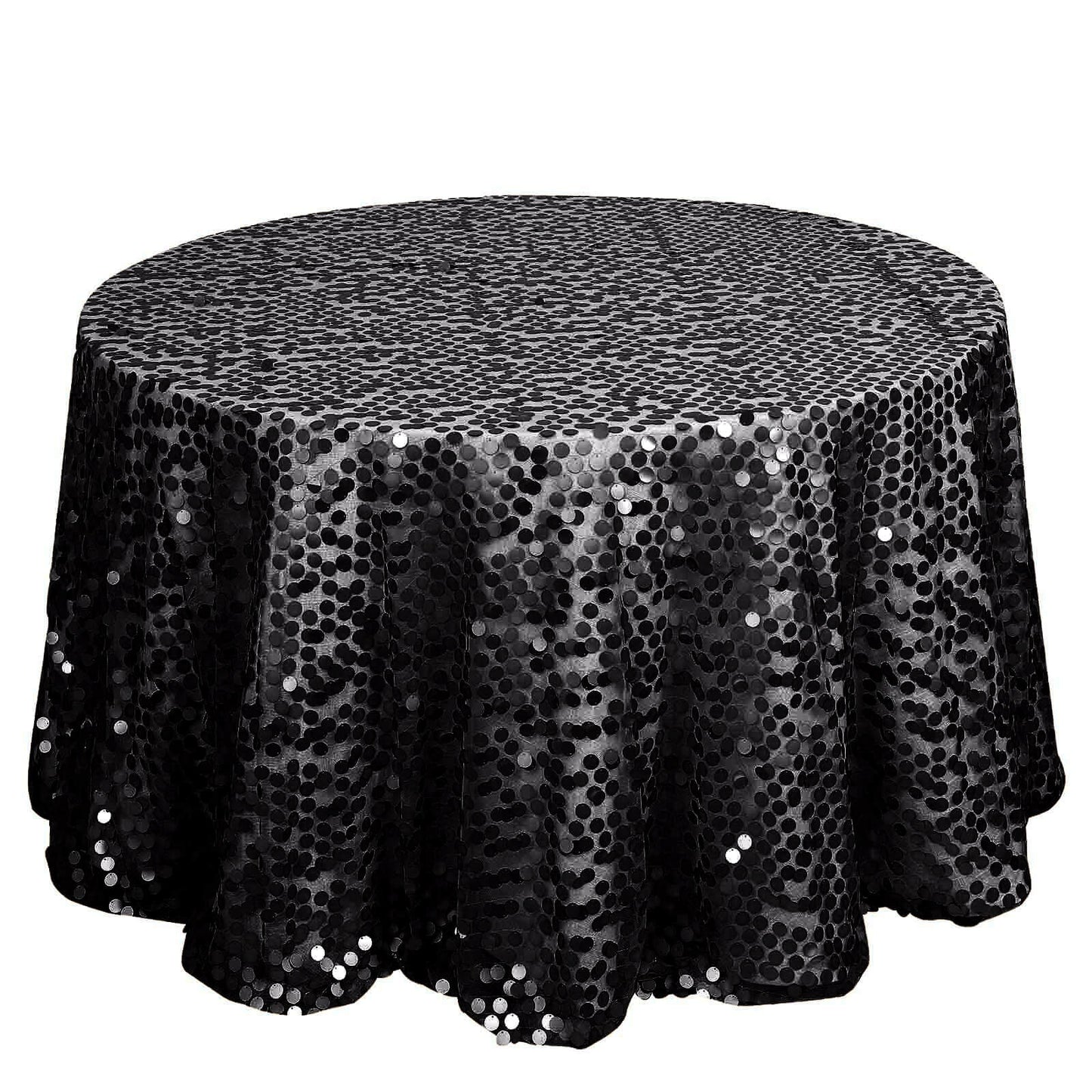 Sequin 120" Round Tablecloth Black - Seamless Big Payette Design for Luxe Celebrations - Linen Luxes