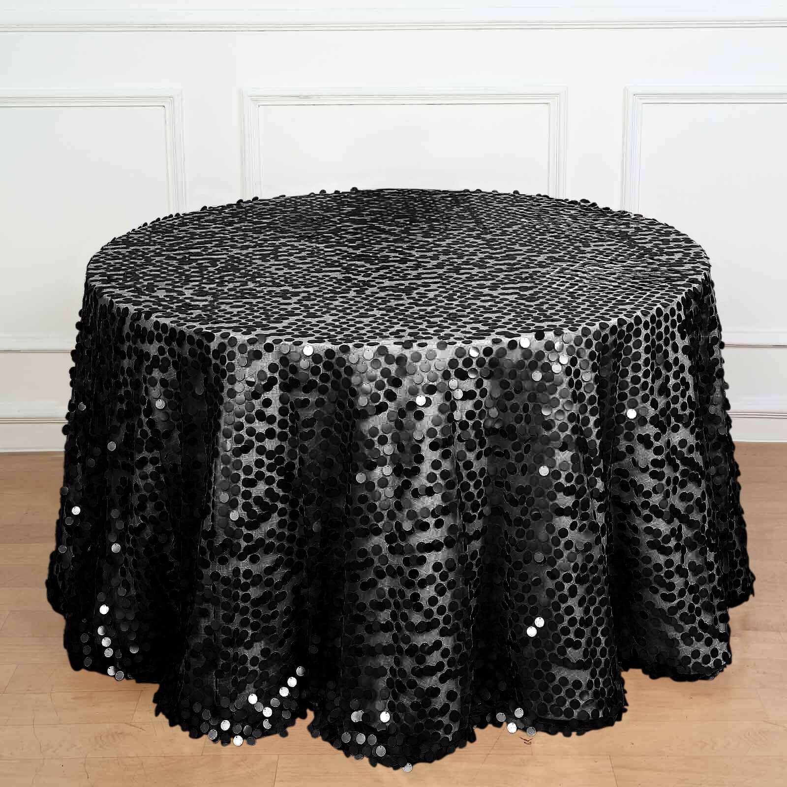 Sequin 120" Round Tablecloth Black - Seamless Big Payette Design for Luxe Celebrations - Linen Luxes