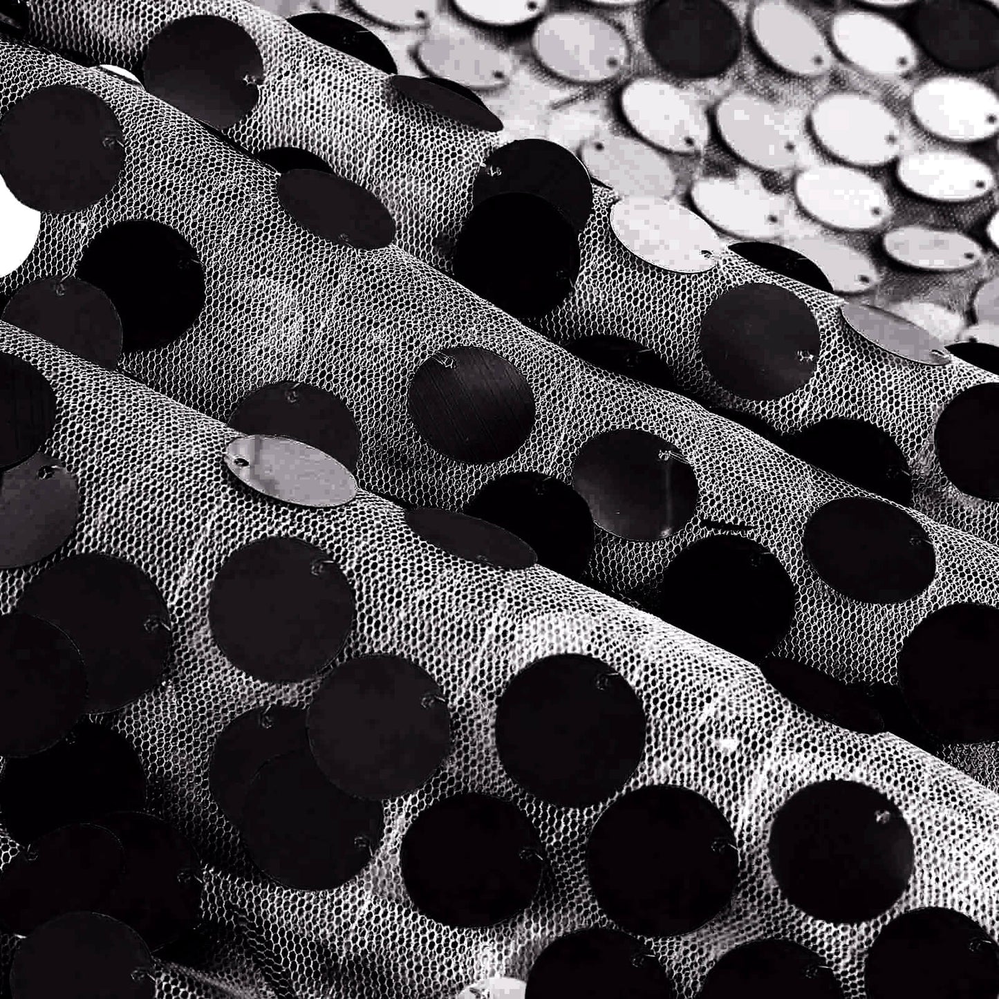 Sequin 120" Round Tablecloth Black - Seamless Big Payette Design for Luxe Celebrations - Linen Luxes