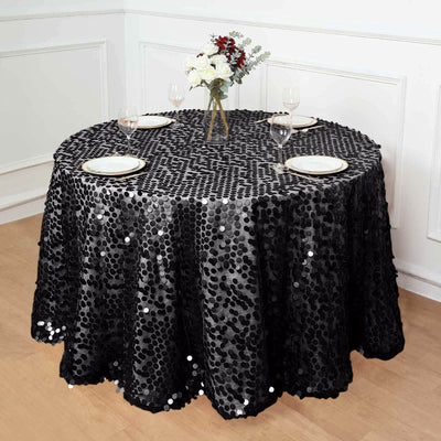 Sequin 120" Round Tablecloth Black - Seamless Big Payette Design for Luxe Celebrations - Linen Luxes