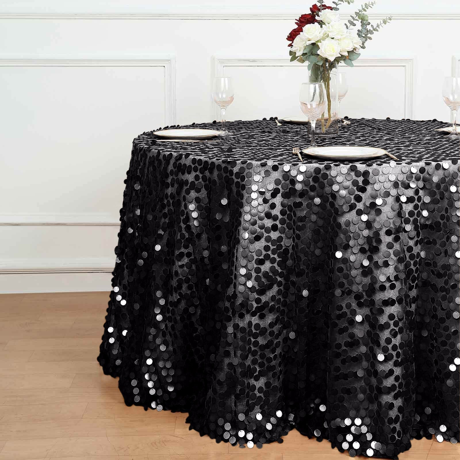 Sequin 120" Round Tablecloth Black - Seamless Big Payette Design for Luxe Celebrations - Linen Luxes