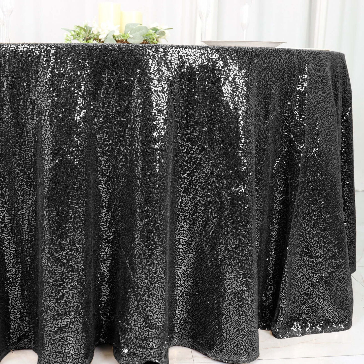 Sequin 120" Round Tablecloth Black - Seamless Glittering Table Cover - Linen Luxes