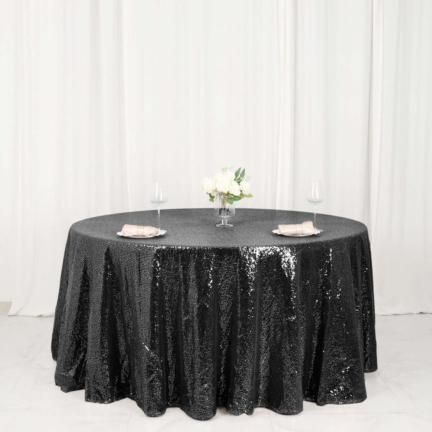 Sequin 120" Round Tablecloth Black - Seamless Glittering Table Cover - Linen Luxes