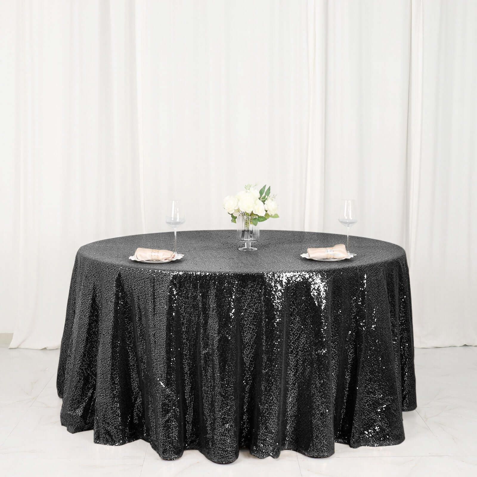 Sequin 120" Round Tablecloth Black - Seamless Glittering Table Cover - Linen Luxes