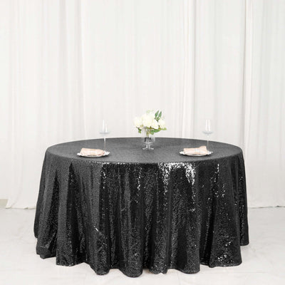 Sequin 120" Round Tablecloth Black - Seamless Glittering Table Cover - Linen Luxes