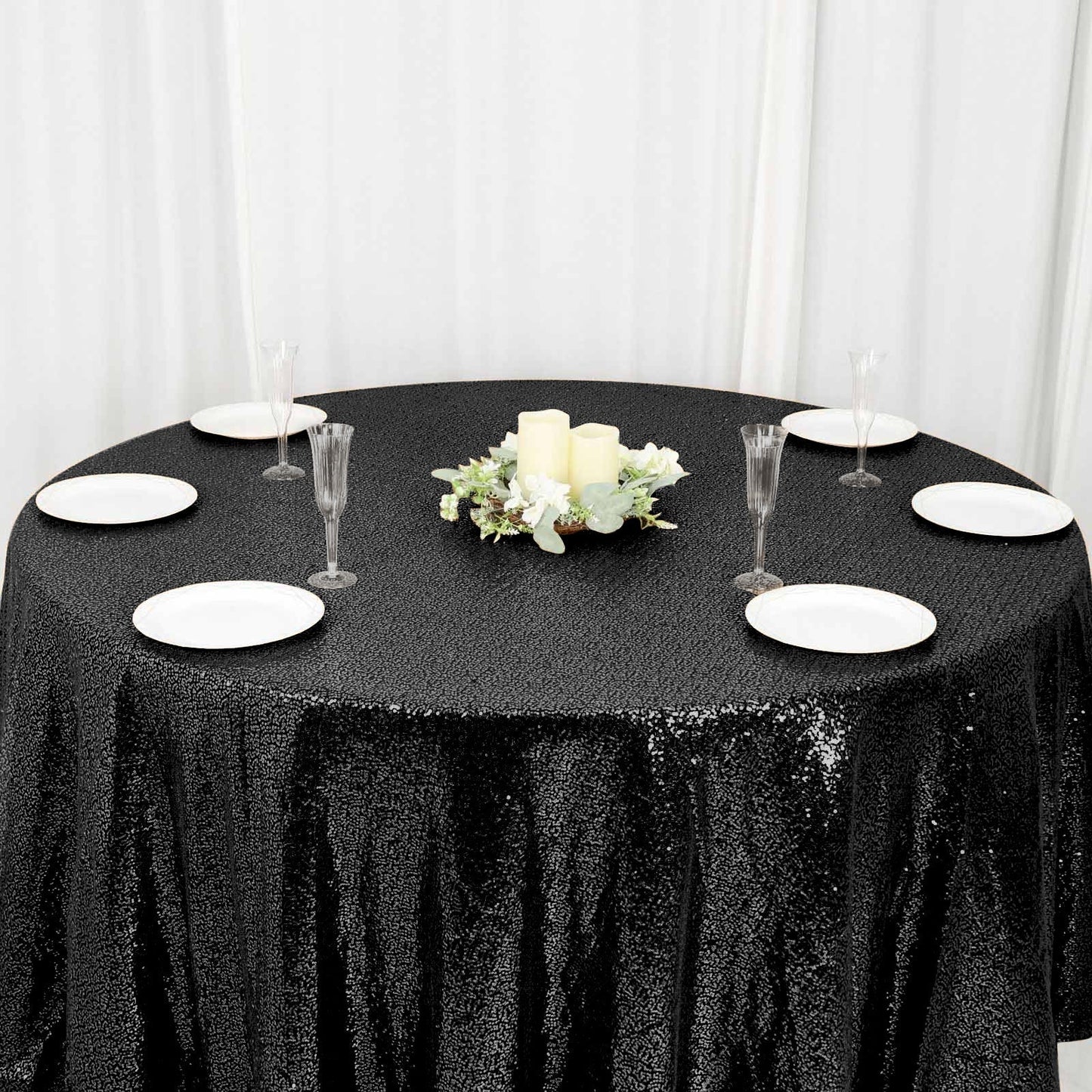 Sequin 120" Round Tablecloth Black - Seamless Glittering Table Cover - Linen Luxes