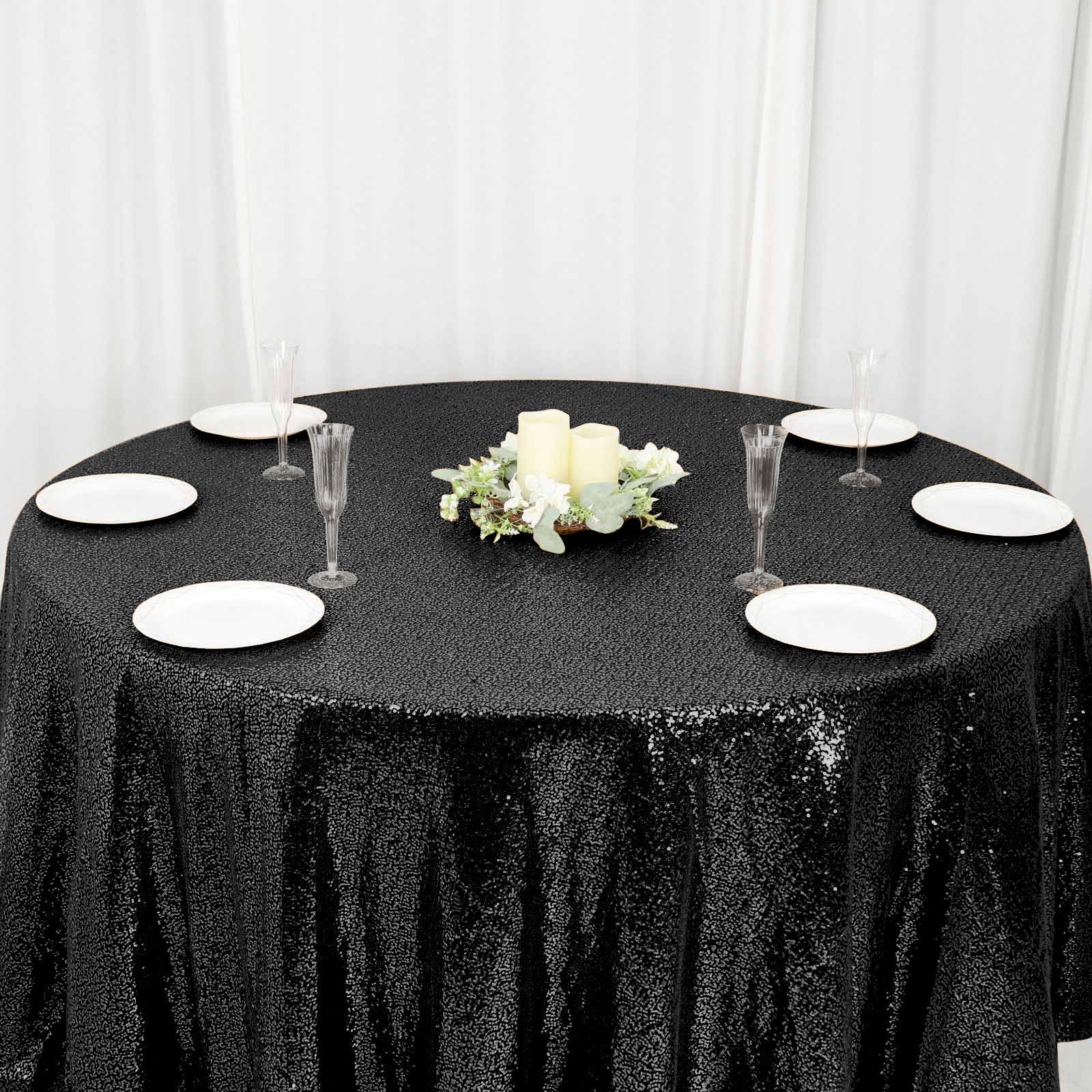 Sequin 120" Round Tablecloth Black - Seamless Glittering Table Cover - Linen Luxes