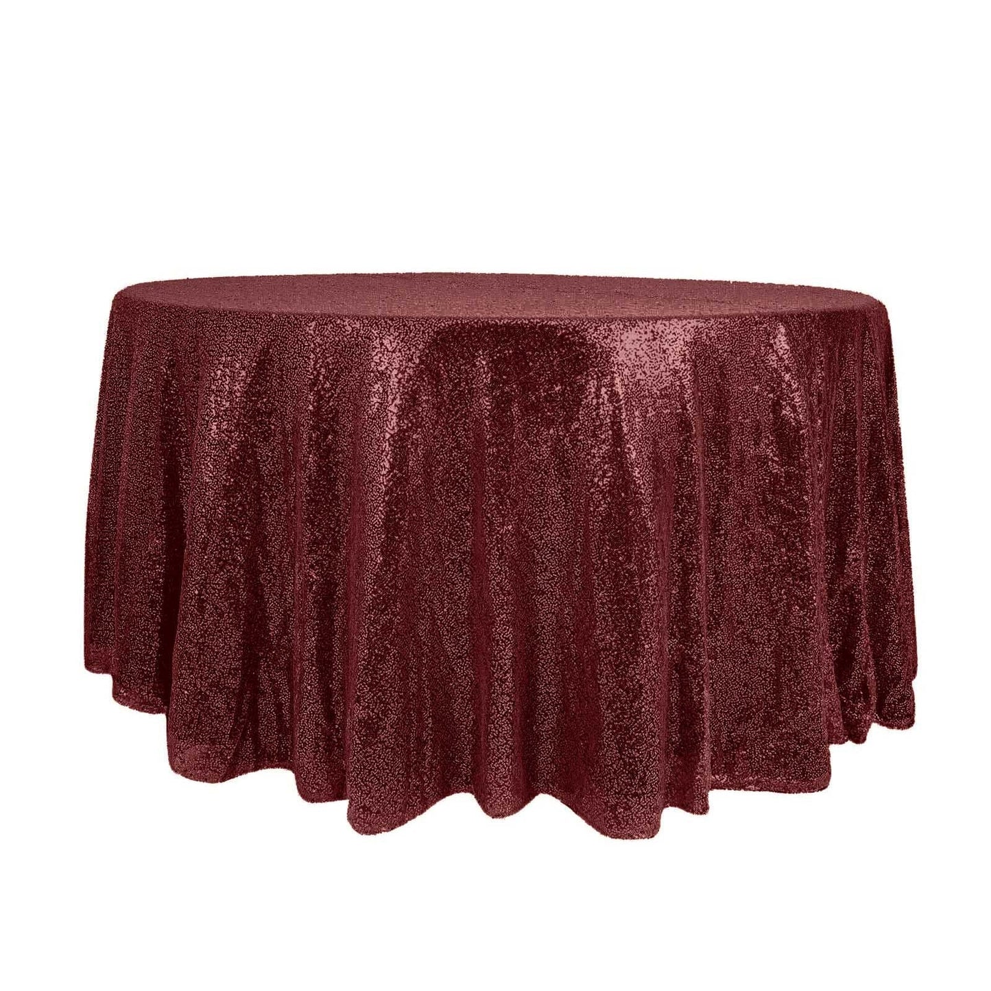 Sequin 120" Round Tablecloth Burgundy - Seamless Glittering Table Cover - Linen Luxes