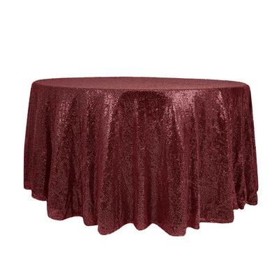 Sequin 120" Round Tablecloth Burgundy - Seamless Glittering Table Cover - Linen Luxes