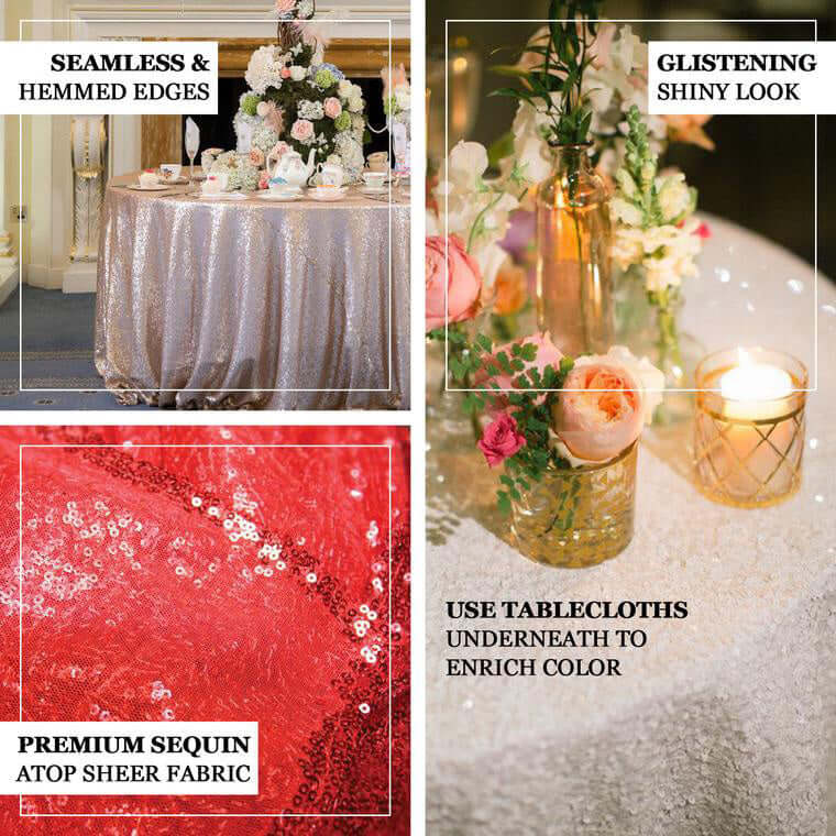 Sequin 120" Round Tablecloth Burgundy - Seamless Glittering Table Cover - Linen Luxes