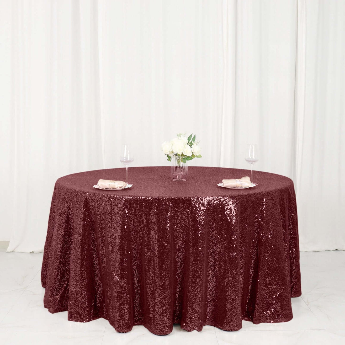 Sequin 120" Round Tablecloth Burgundy - Seamless Glittering Table Cover - Linen Luxes