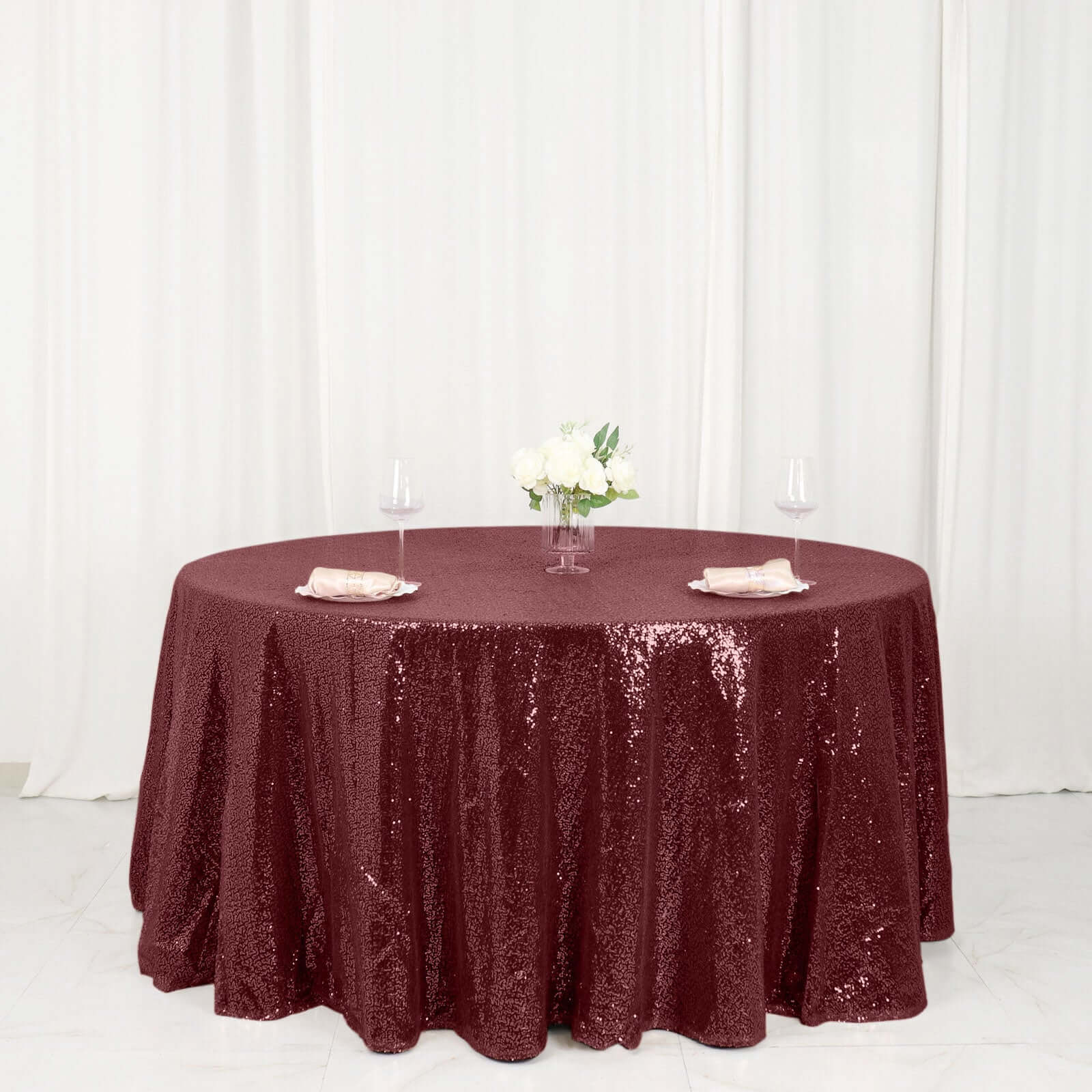 Sequin 120" Round Tablecloth Burgundy - Seamless Glittering Table Cover - Linen Luxes