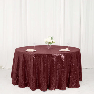 Sequin 120" Round Tablecloth Burgundy - Seamless Glittering Table Cover - Linen Luxes