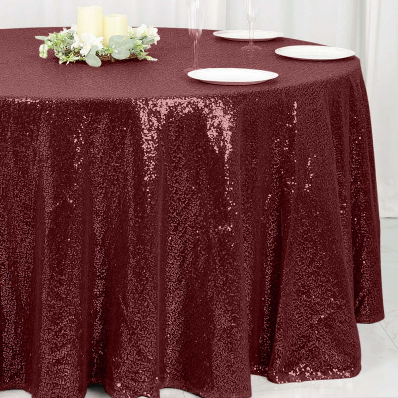 Sequin 120" Round Tablecloth Burgundy - Seamless Glittering Table Cover - Linen Luxes
