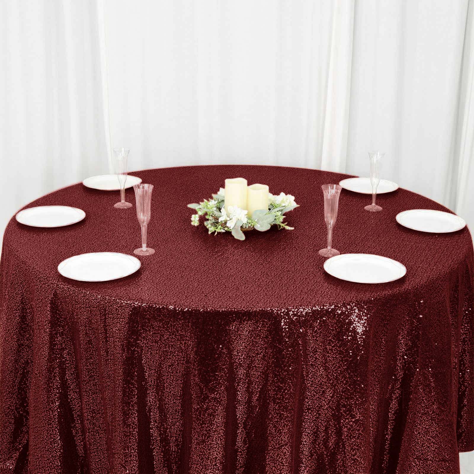 Sequin 120" Round Tablecloth Burgundy - Seamless Glittering Table Cover - Linen Luxes