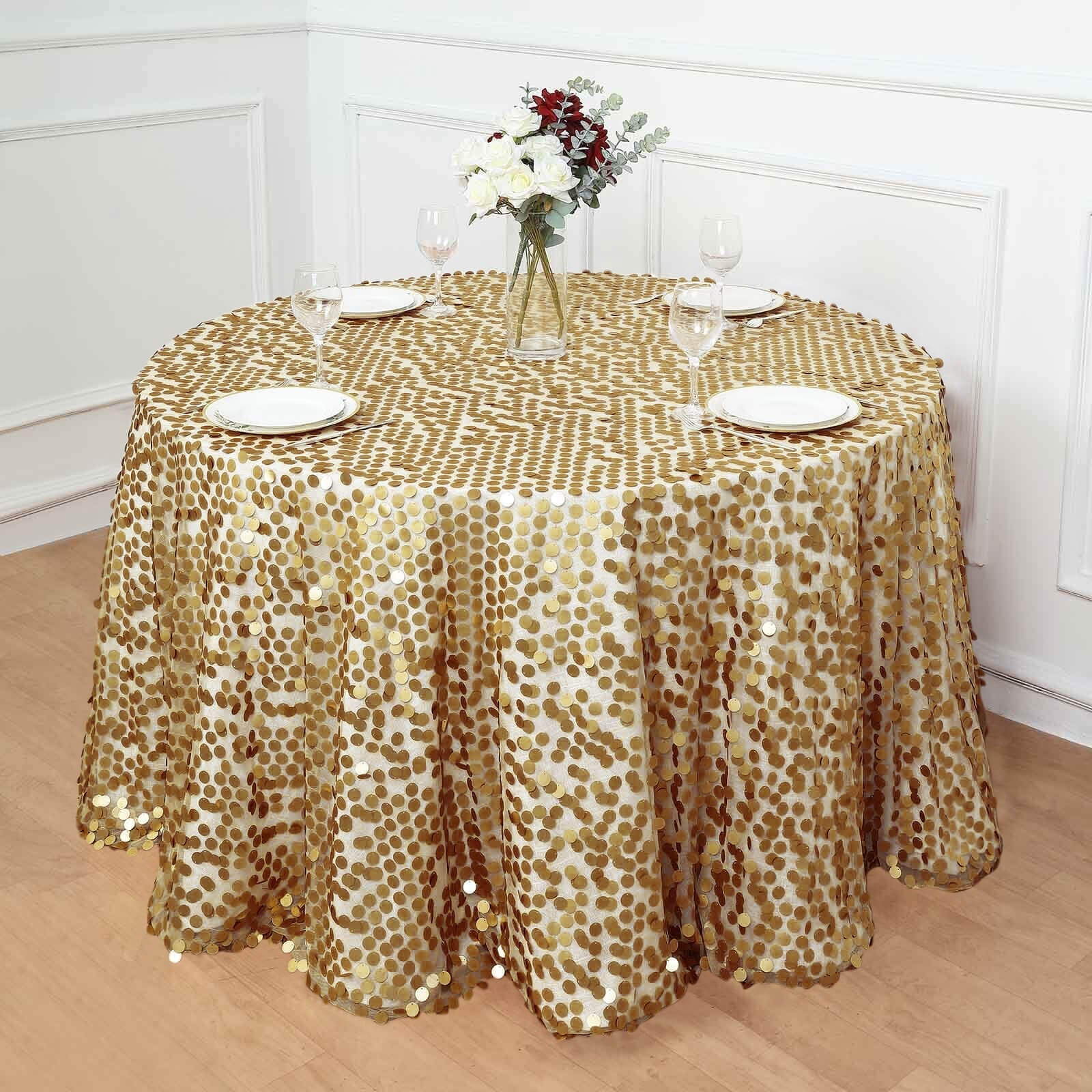 Sequin 120" Round Tablecloth Champagne - Seamless Big Payette Table Cover - Linen Luxes