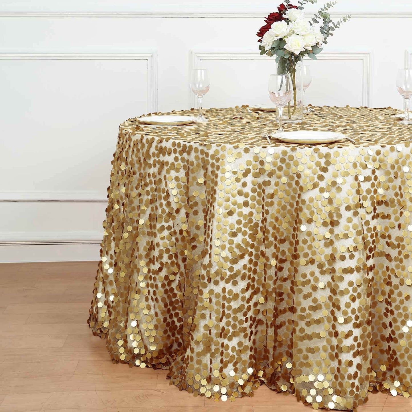 Sequin 120" Round Tablecloth Champagne - Seamless Big Payette Table Cover - Linen Luxes