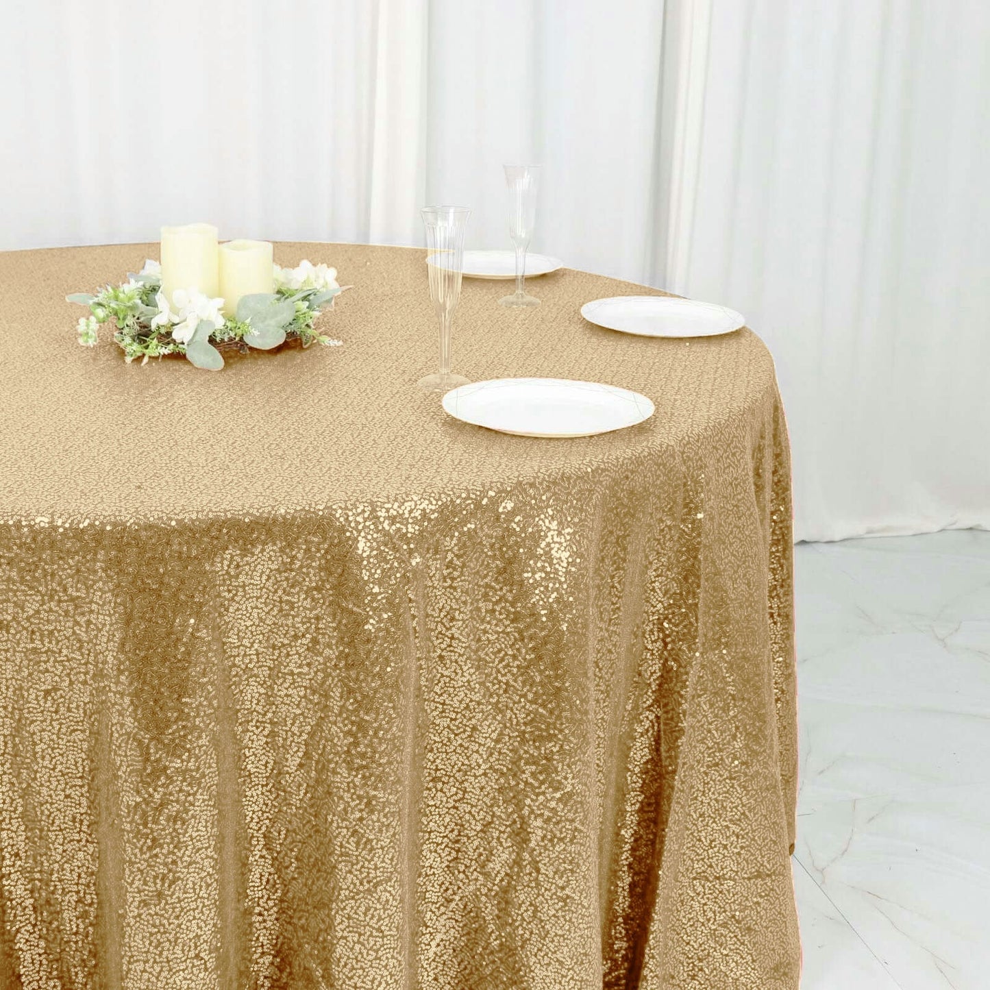 Sequin 120" Round Tablecloth Champagne - Seamless Glittering Table Cover - Linen Luxes