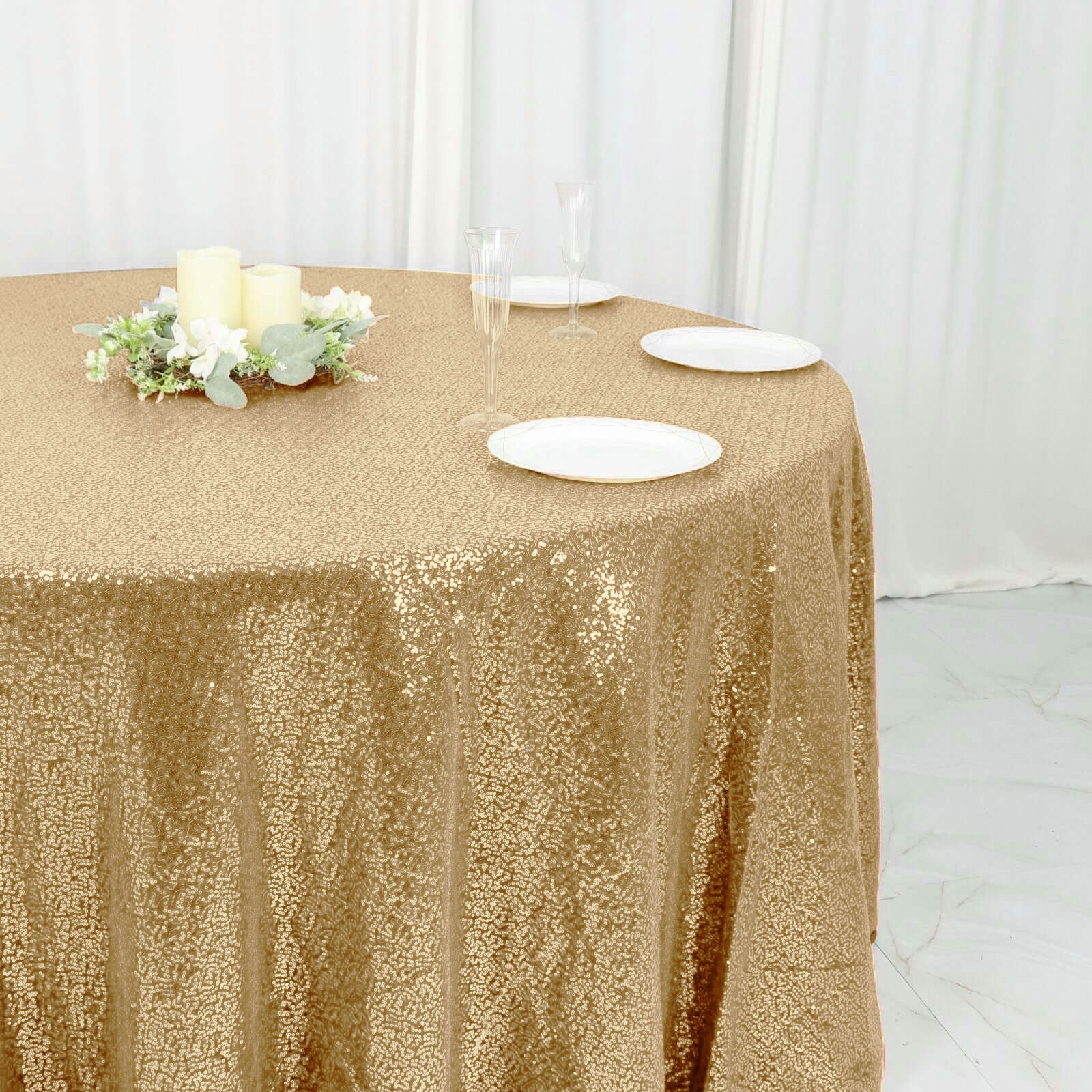 Sequin 120" Round Tablecloth Champagne - Seamless Glittering Table Cover - Linen Luxes