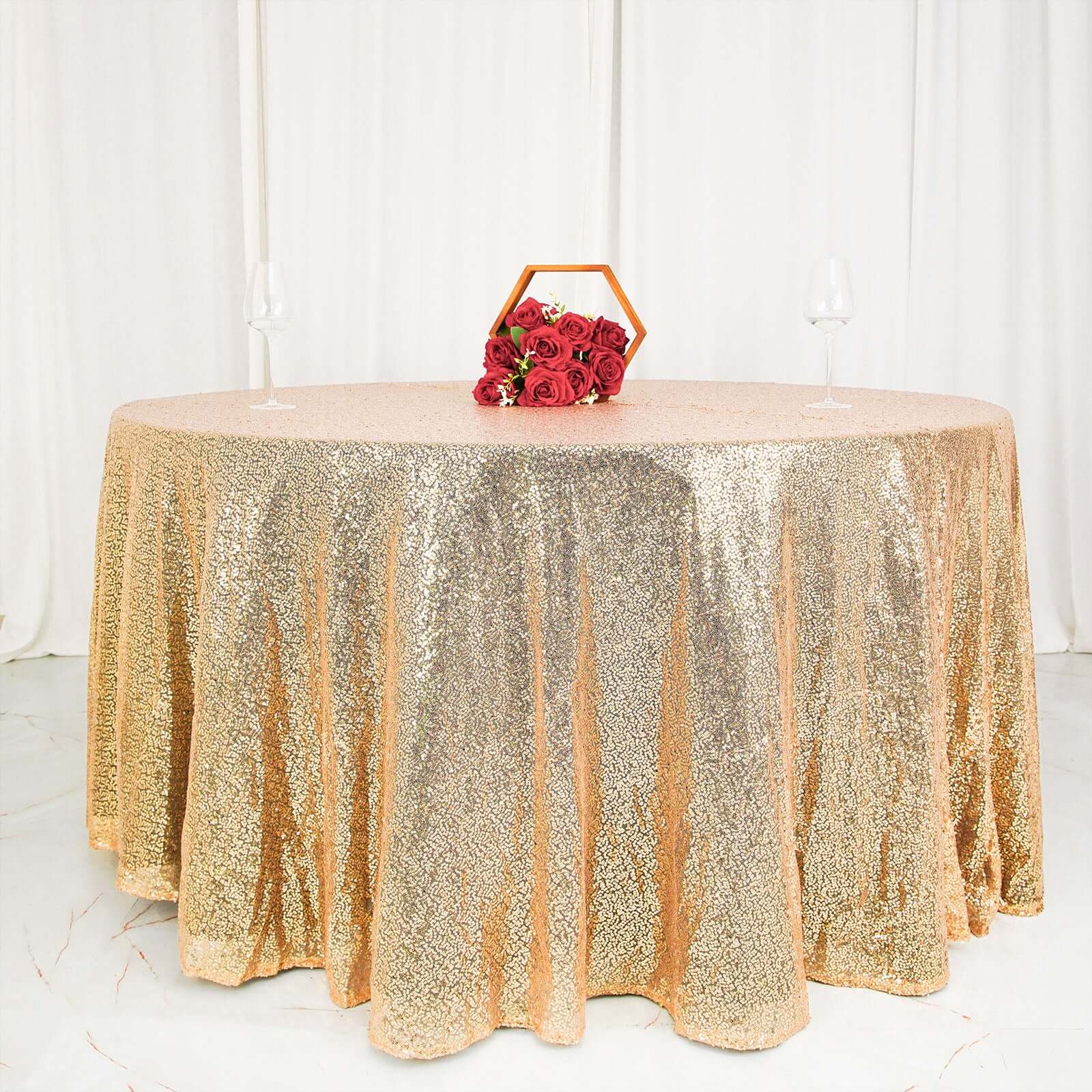 Sequin 120" Round Tablecloth Champagne - Seamless Glittering Table Cover - Linen Luxes