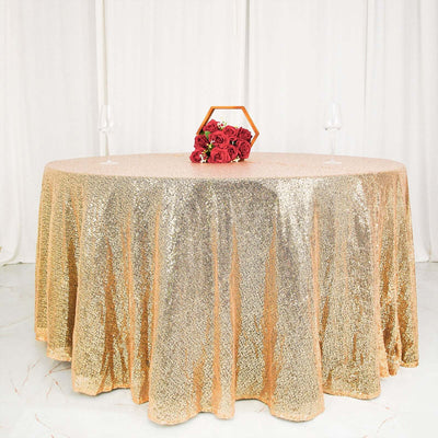 Sequin 120" Round Tablecloth Champagne - Seamless Glittering Table Cover - Linen Luxes