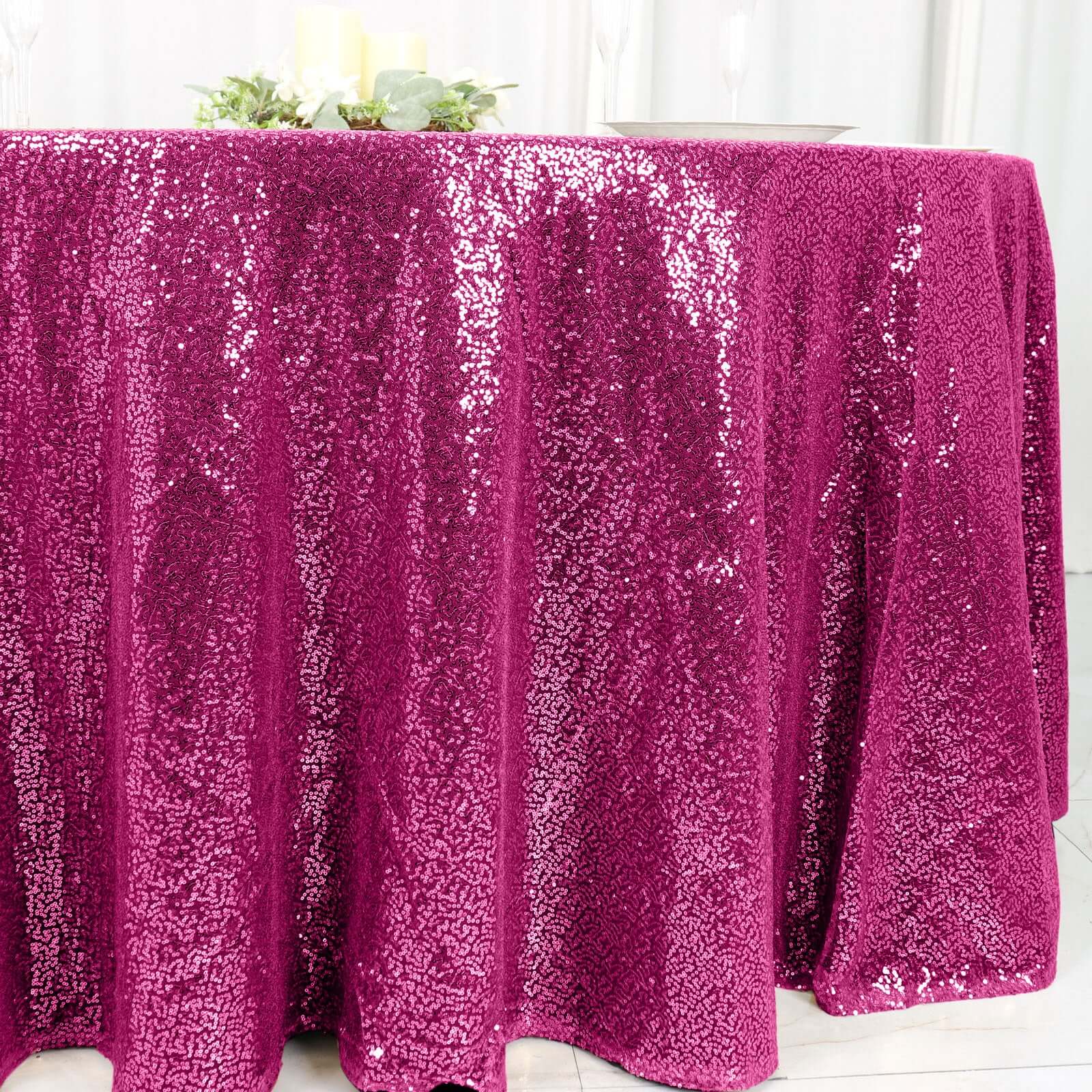 Sequin 120" Round Tablecloth Fuchsia - Seamless Glittering Table Cover - Linen Luxes