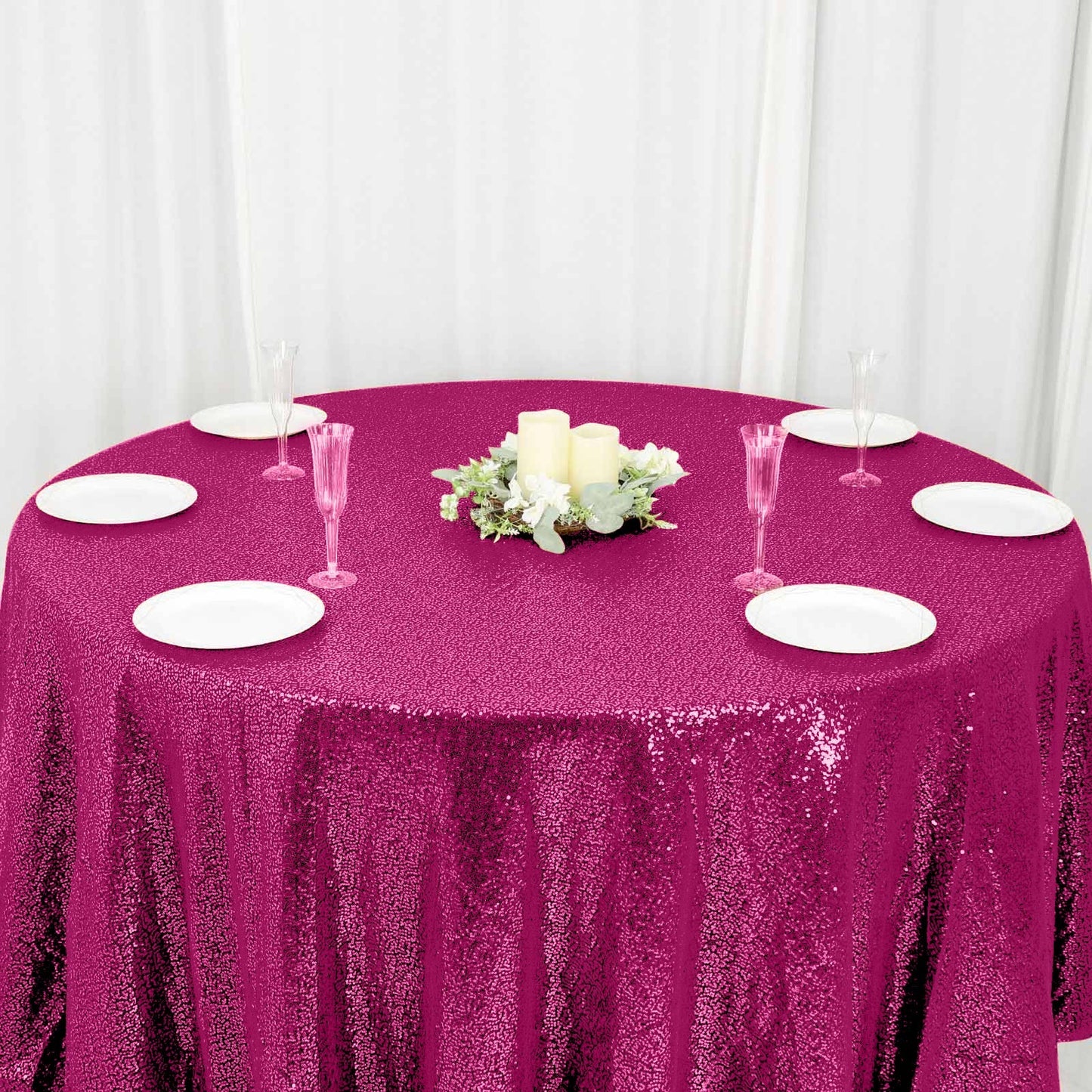 Sequin 120" Round Tablecloth Fuchsia - Seamless Glittering Table Cover - Linen Luxes
