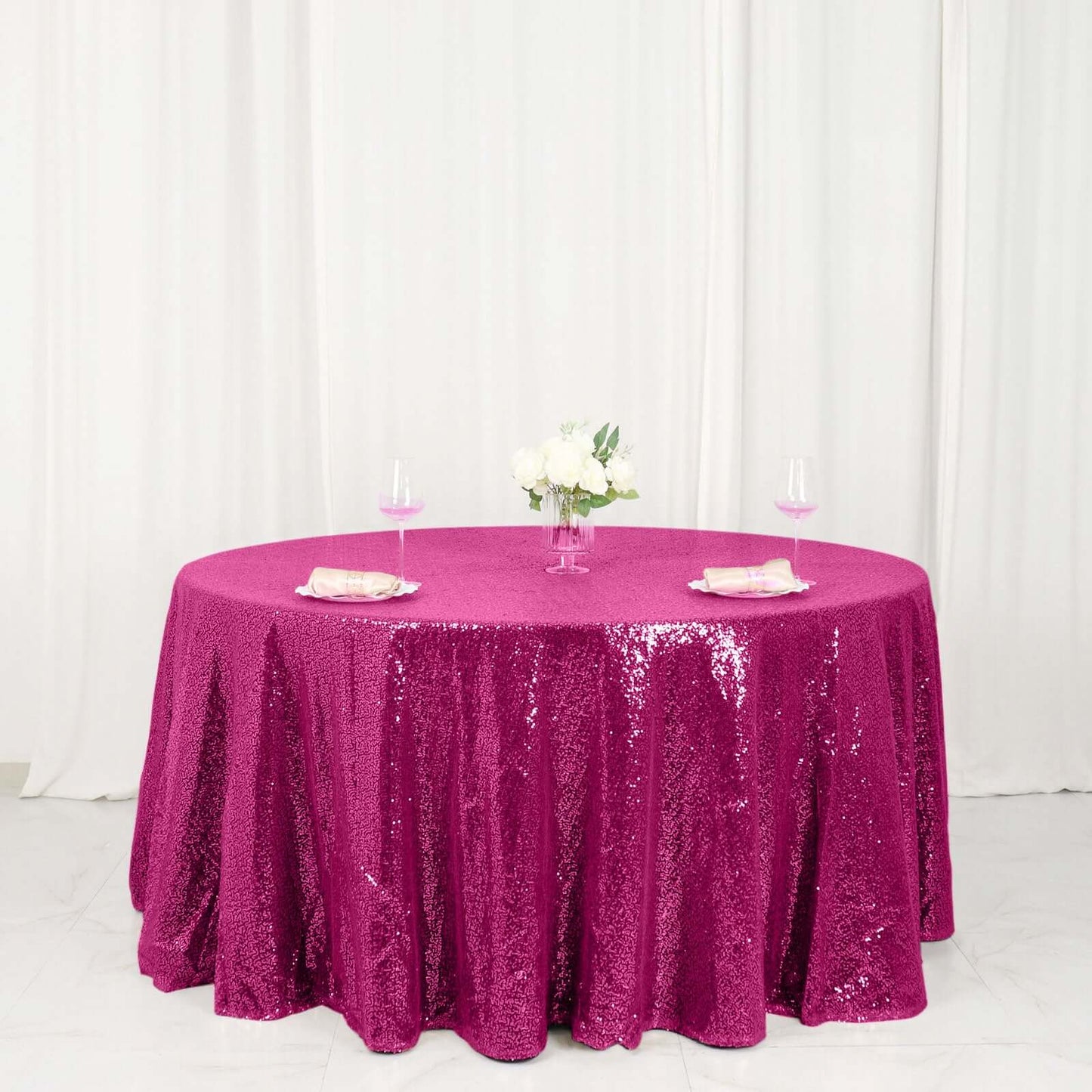 Sequin 120" Round Tablecloth Fuchsia - Seamless Glittering Table Cover - Linen Luxes