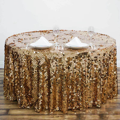 Sequin 120" Round Tablecloth Gold - Seamless Big Payette Design for Luxe Celebrations - Linen Luxes