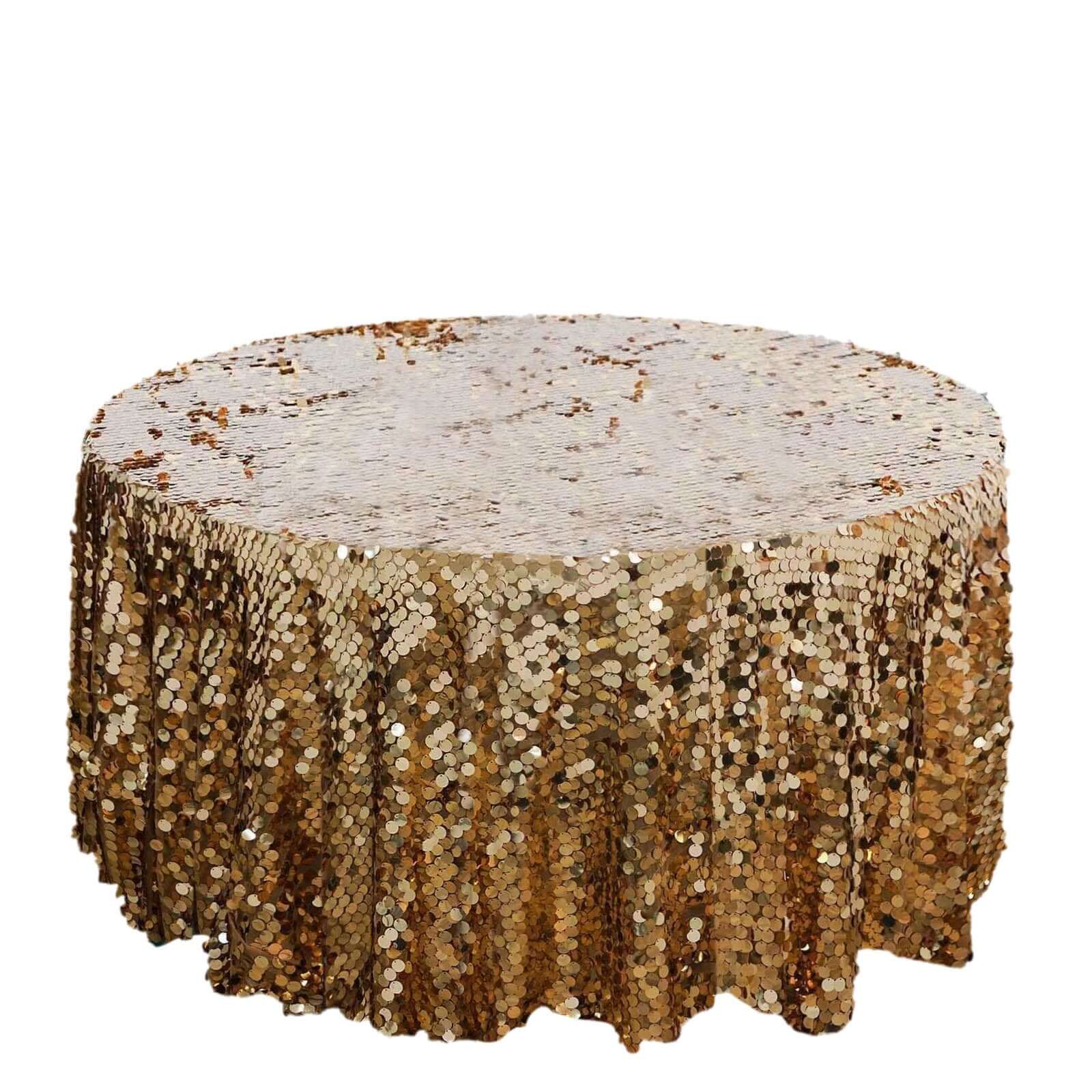 Sequin 120" Round Tablecloth Gold - Seamless Big Payette Design for Luxe Celebrations - Linen Luxes