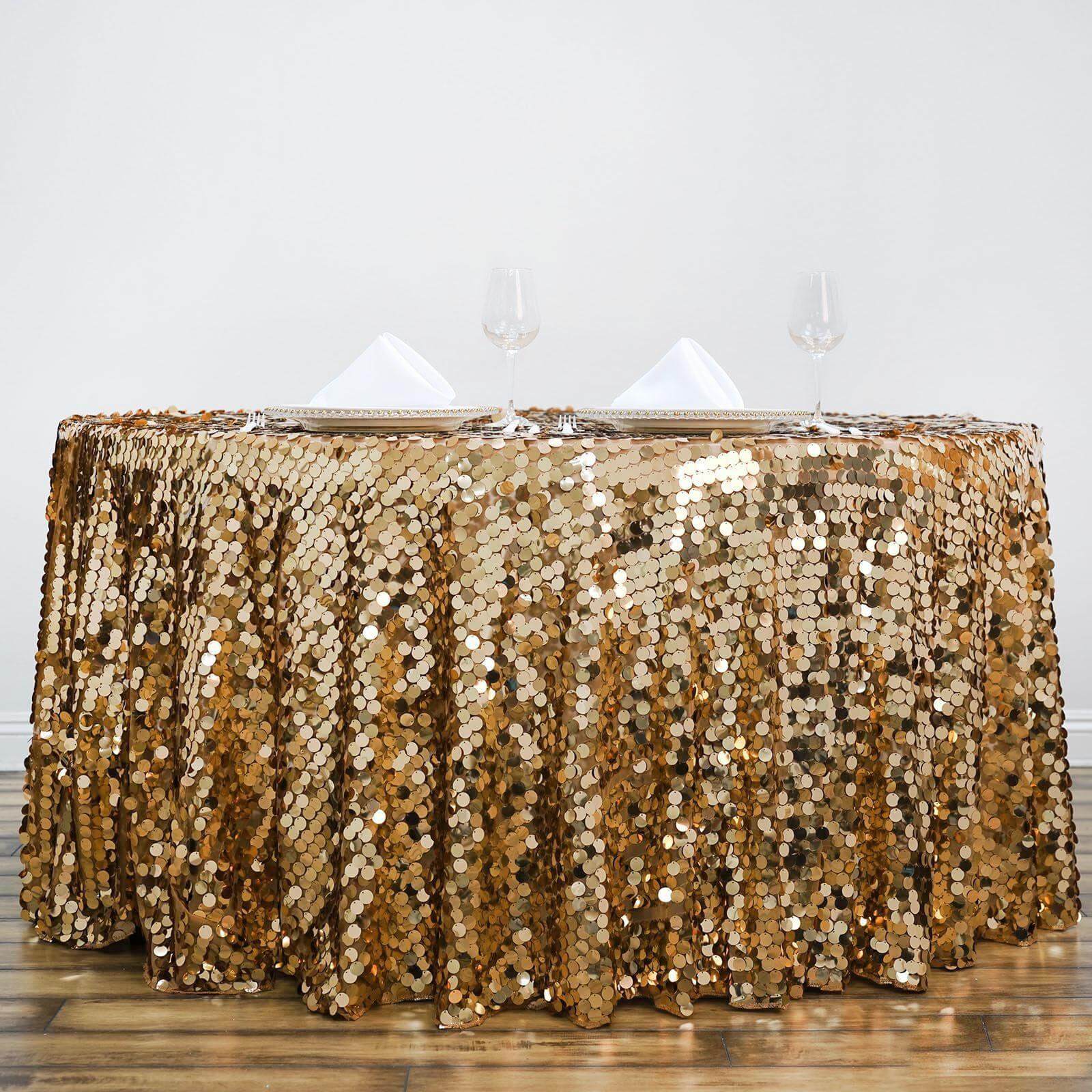 Sequin 120" Round Tablecloth Gold - Seamless Big Payette Design for Luxe Celebrations - Linen Luxes