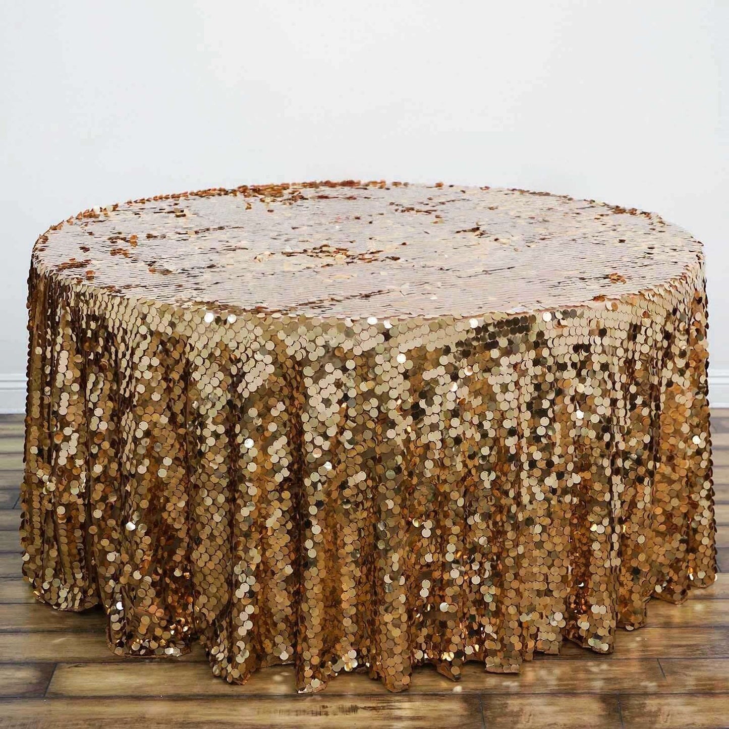 Sequin 120" Round Tablecloth Gold - Seamless Big Payette Design for Luxe Celebrations - Linen Luxes