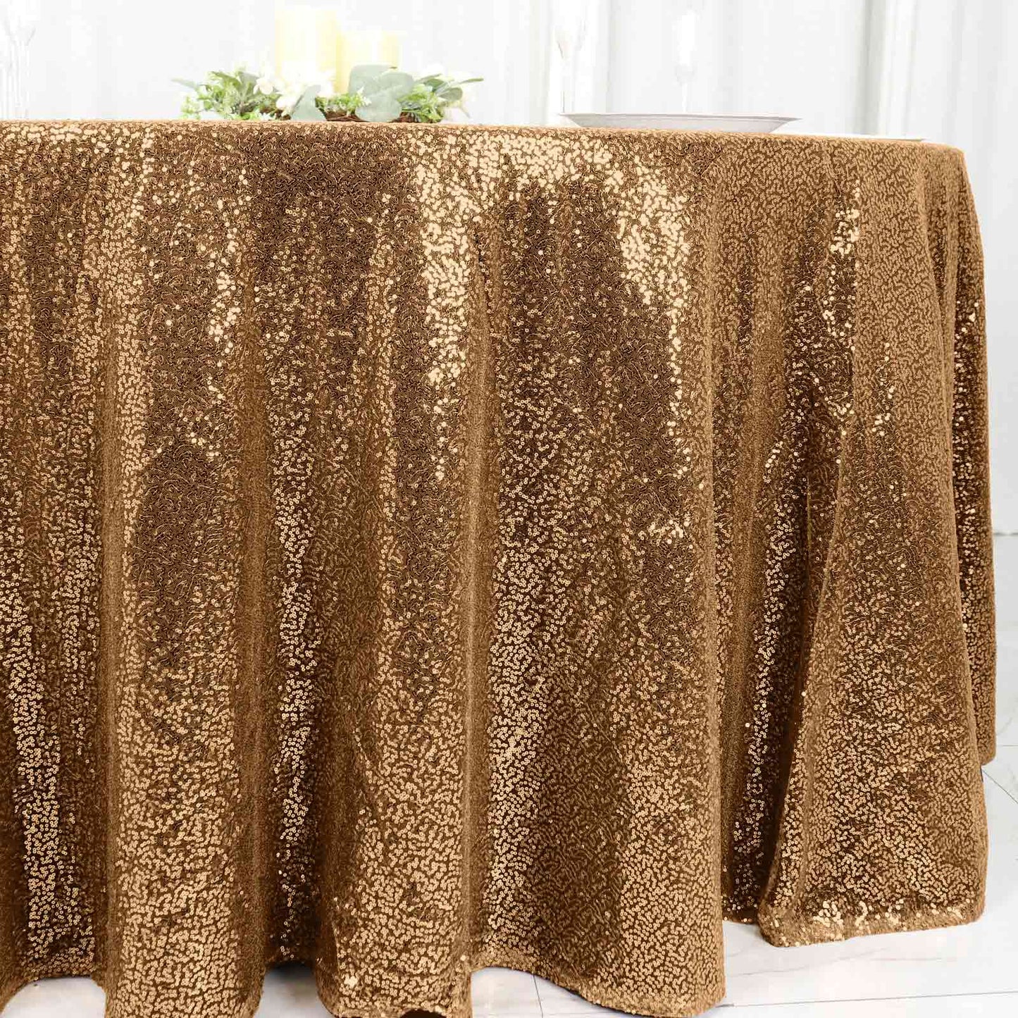 Sequin 120" Round Tablecloth Gold - Seamless Glittering Design for Sophisticated Events - Linen Luxes
