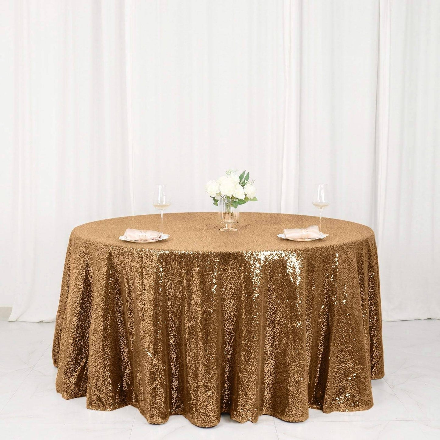 Sequin 120" Round Tablecloth Gold - Seamless Glittering Design for Sophisticated Events - Linen Luxes