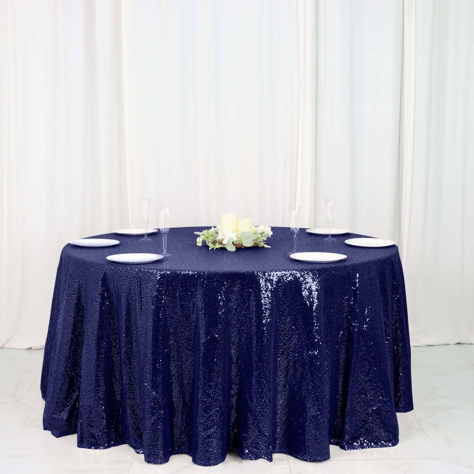 Sequin 120" Round Tablecloth Navy Blue - Seamless Glittering Table Cover - Linen Luxes